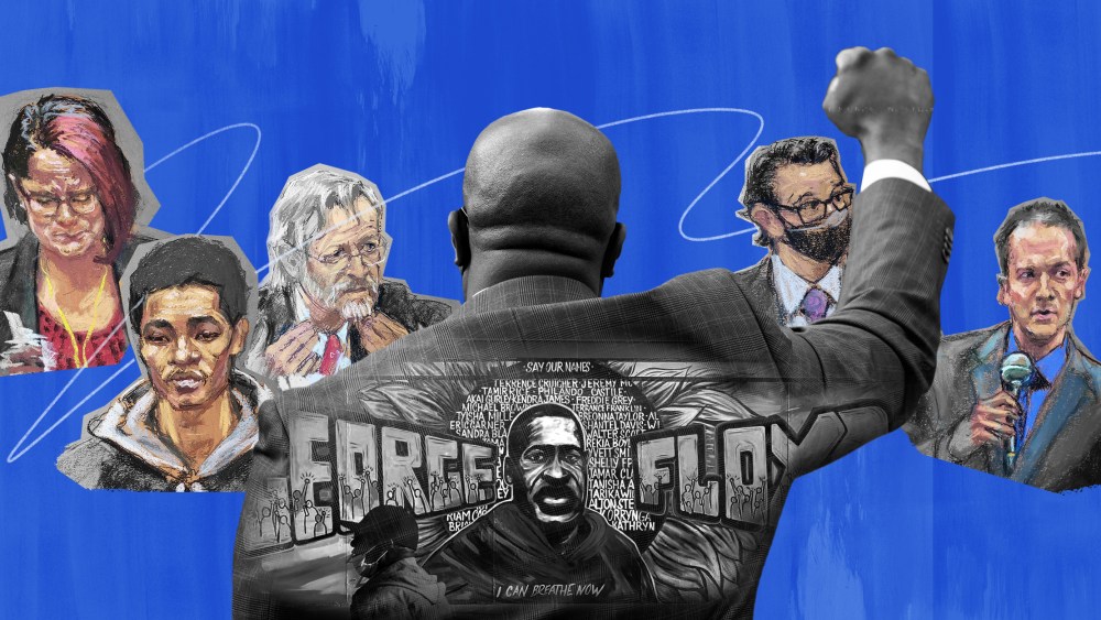 Photo collage of a mural with George Floyd's name and portrait overlaying the back of a person with their fist up along with courtroom sketches from the trial of Derek Chauvin