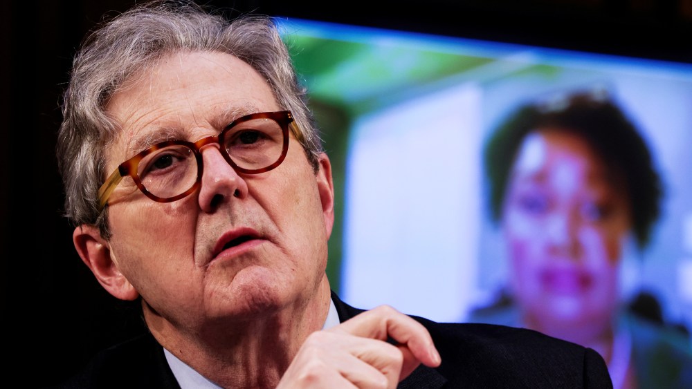 Sen. John Kennedy, R-La., listens as Stacey Abrams testifies remotely during a Senate Judiciary Committee hearing on voting rights on Capitol Hill on April 20, 2021.
