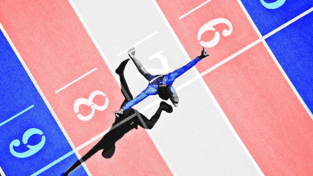 Photo illustration of a person on a race track where the colors form the transgender pride flag.