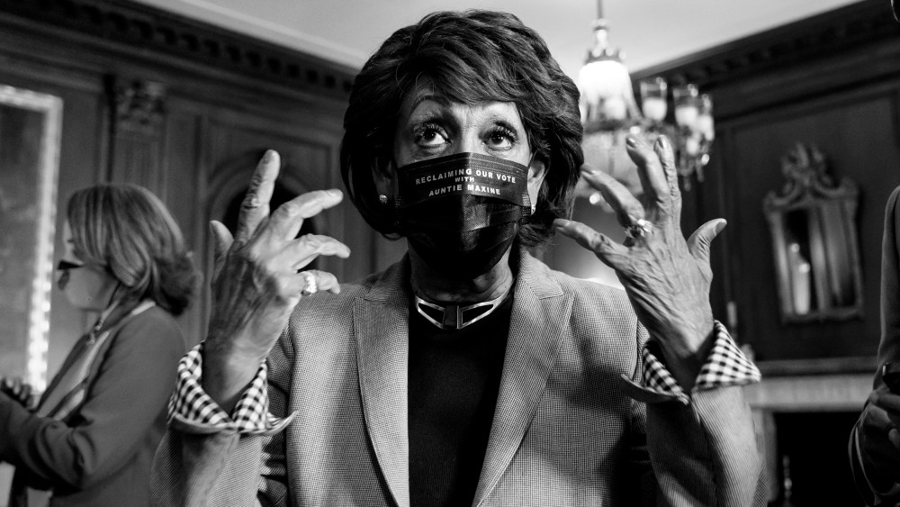 Image: Rep. Maxine Waters, D-Calif., speaks as she waits for the verdict in the murder trial of former Minneapolis police officer Derek Chauvin on Capitol Hill on April 20, 2021.