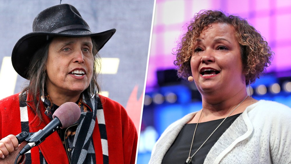 Native American land rights activist Winona Laduke, left, and Apple's Vice President of Environment, Policy and Social Initiatives Lisa Jackson.