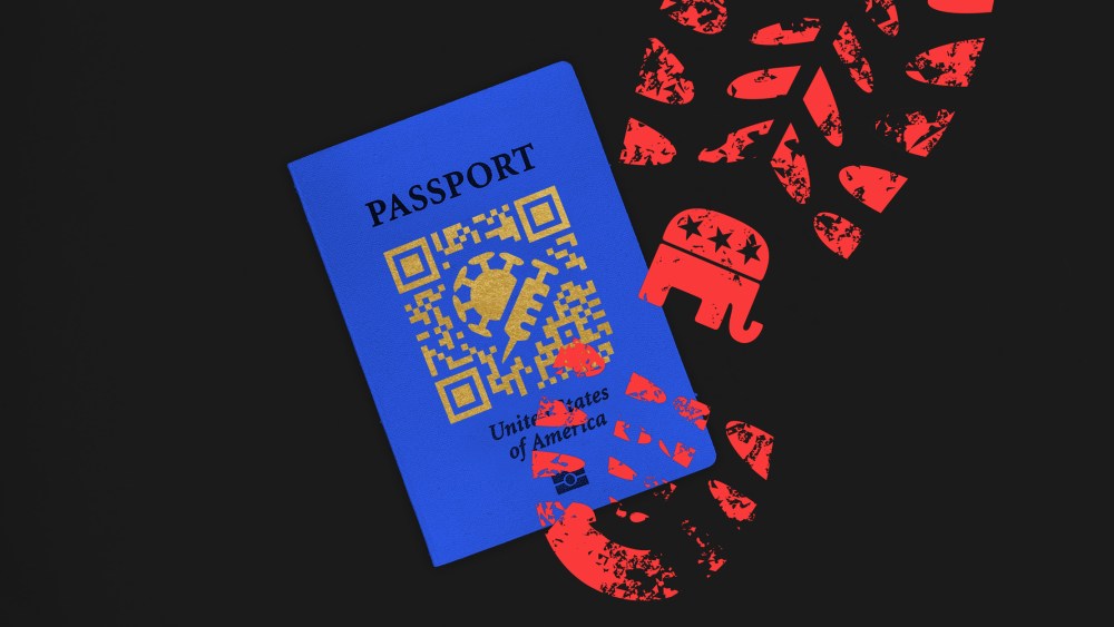 Photo illustration: A red colored footprint with the Republican Party logo over a blue passport that has a QR code with a COVID-19 spore and a vaccine on it.