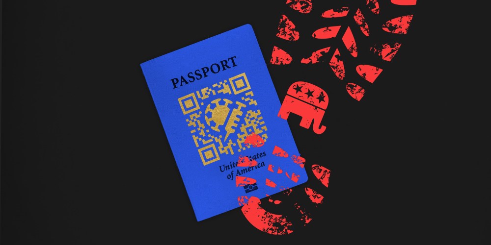 Photo illustration: A red colored footprint with the Republican Party logo over a blue passport that has a QR code with a COVID-19 spore and a vaccine on it.