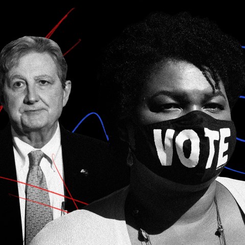 Illustration of Sen. John Kennedy and Stacey Abrams with red and blue pencil markings.