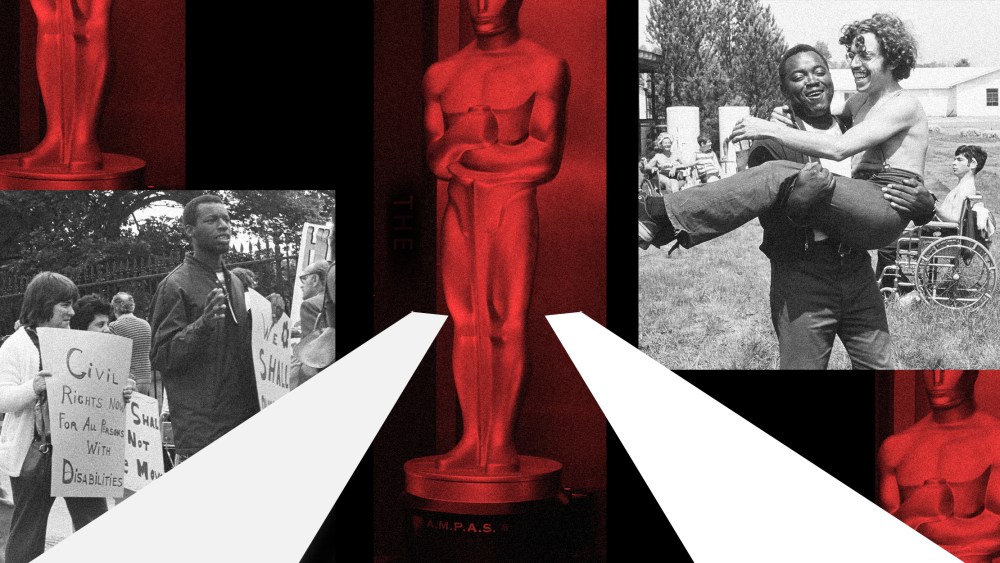 Photo illustration: Stills from the film, "Crip Camp: A Disability Revolution", image of the Academy Awards statue and two ramps going towards it.