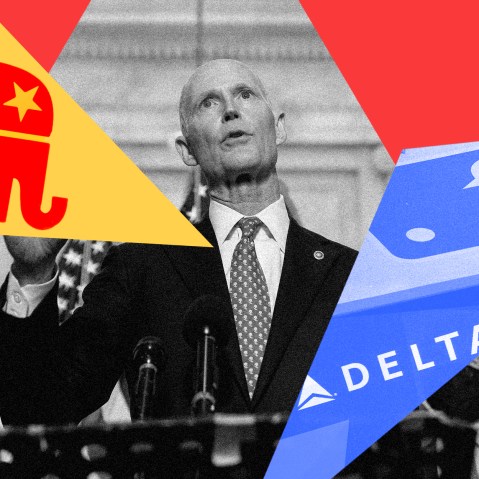 Photo illustration: Images of the Republican party symbol, and logos of Delta Airlines and Major League Baseball over an image of Rick Scott.