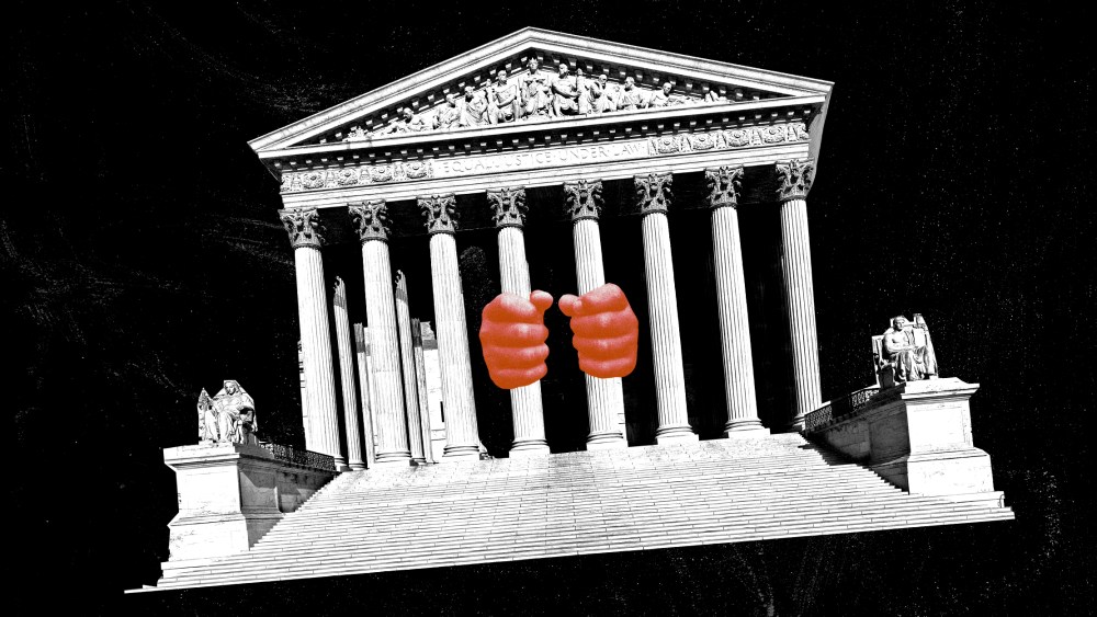 Photo illustration of a child's hands gripping the U.S. Supreme Court columns.