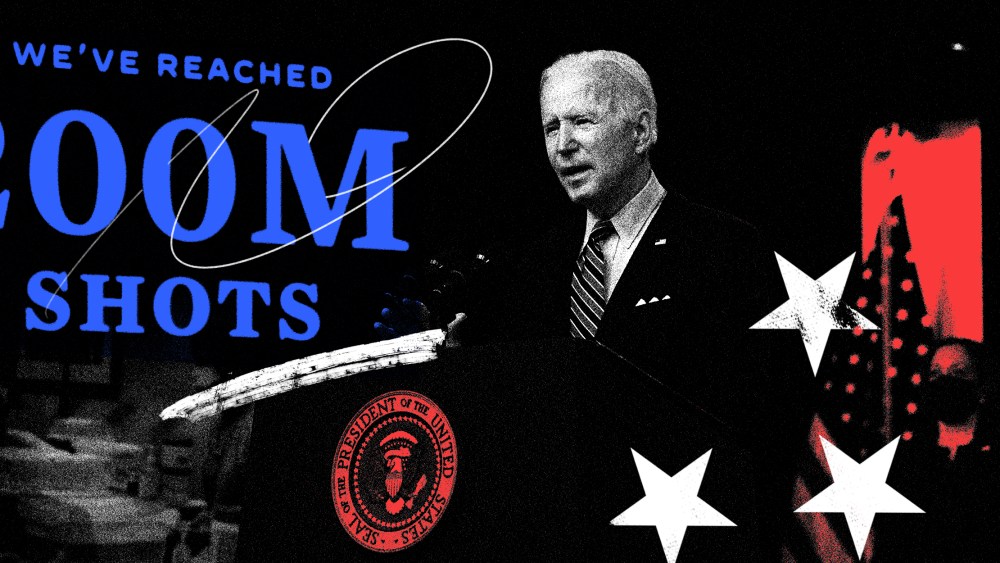 Photo illustration: President Joe Biden speaking on the state on vaccinations.