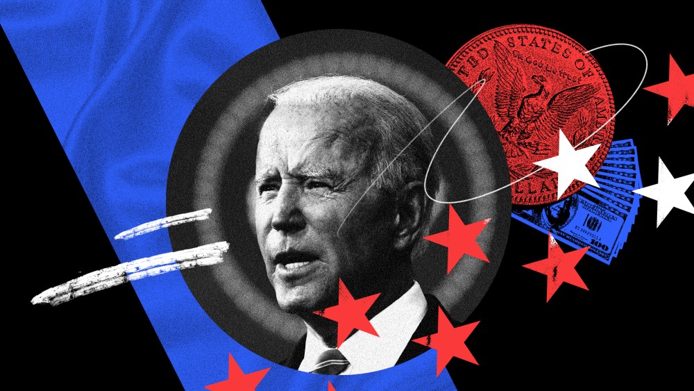 Photo illustration of President Joe Biden along with dollar bills and a coin.