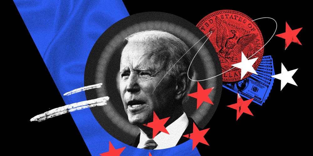 Photo illustration of President Joe Biden along with dollar bills and a coin.