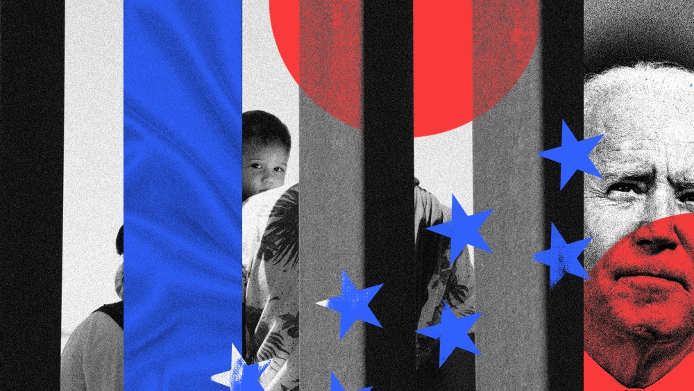 Photo illustration of a family with a child behind the border wall and President Joe Biden.