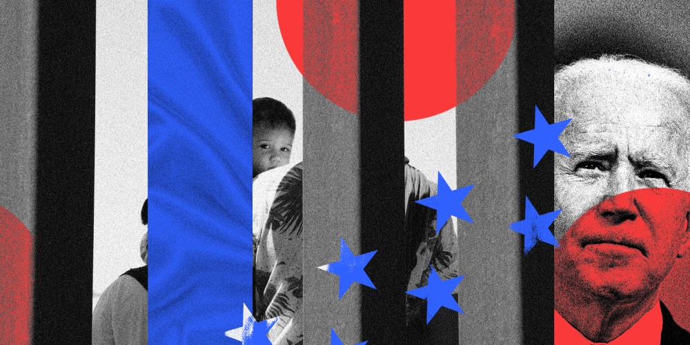 Photo illustration of a family with a child behind the border wall and President Joe Biden.