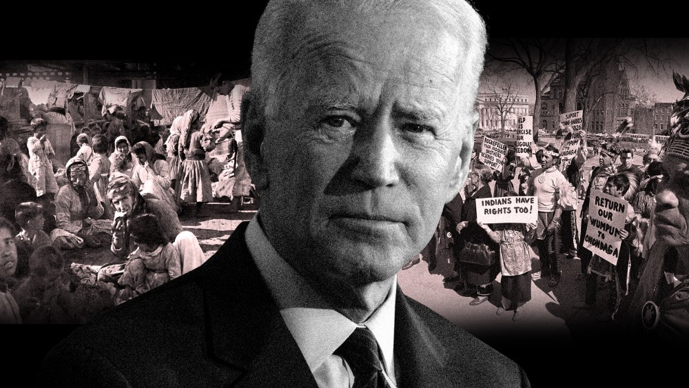 Photo illustration: President Joe Biden against an image of Armenian refugees and another image of members of various native American tribes in front of the capitol building in Albany.