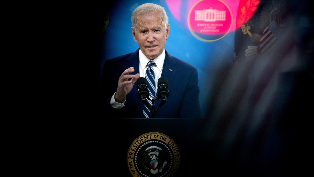 Image: President Joe Biden  in the Eisenhower Executive Office Building in Washington on March 29, 2021.