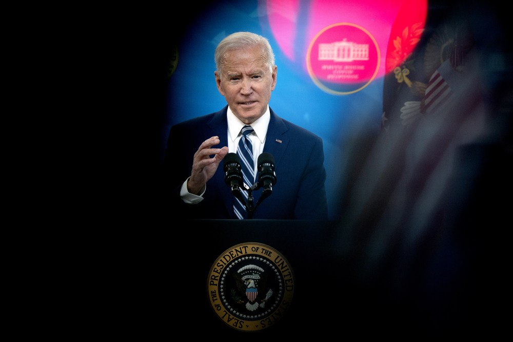 Image: President Joe Biden  in the Eisenhower Executive Office Building in Washington on March 29, 2021.