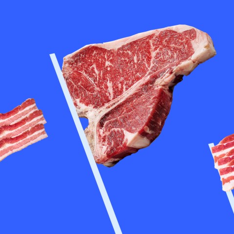 Photo illustration: Three flags made of steak and bacon strips.