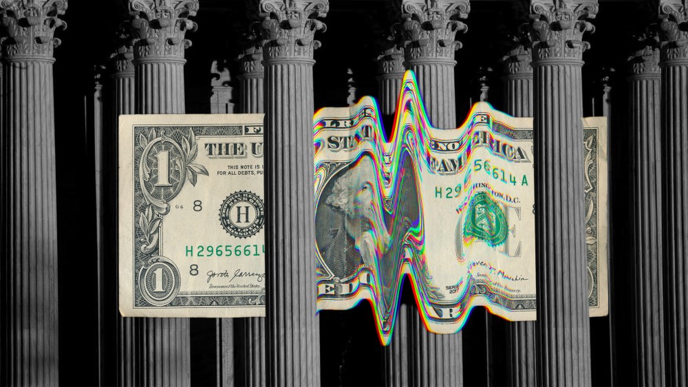 Photo illustration: A glitched dollar bill passing through pillars of the Supreme Court of the United States.