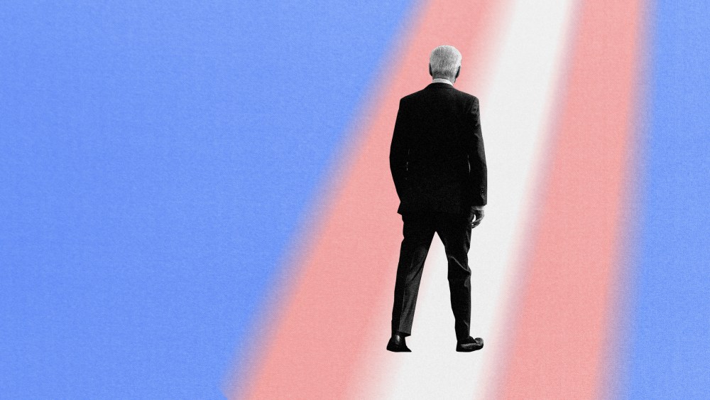 Illustration of President Joe Biden walking down a path made of the transgender flag.