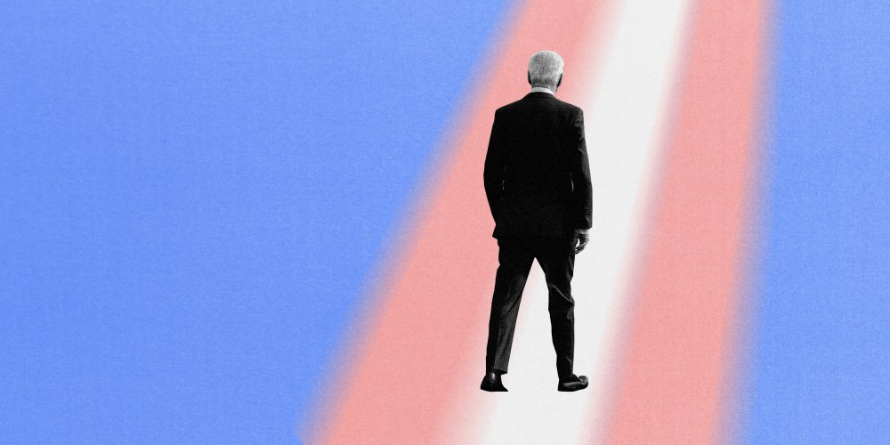 Illustration of President Joe Biden walking down a path made of the transgender flag.