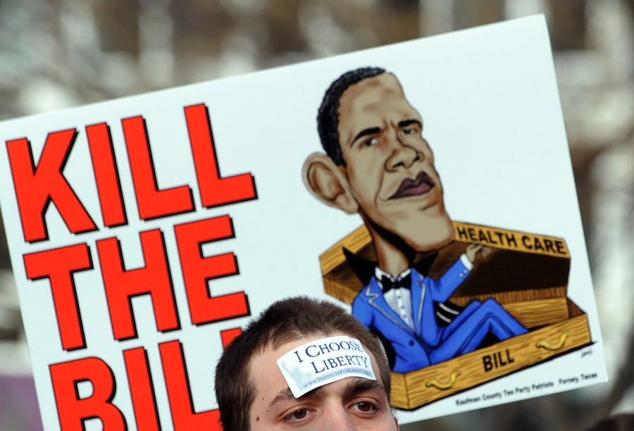 Image: Protesters gather at a demonstration against President Barack Obama's healthcare reform bill organized by the American Grass Roots Coalition and the Tea Party Express in Washington on March 16, 2010.