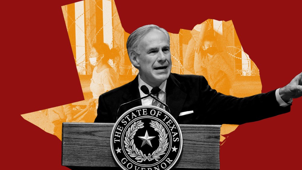 Photo illustration: Texas Governor Greg Abbott speaking against the background of the Texas state map with the image of asylum seeking migrants.