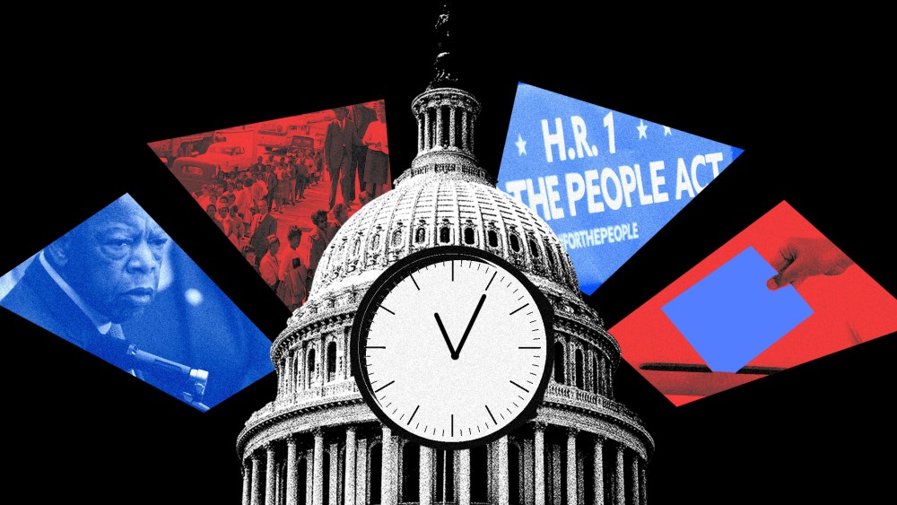 Photo illustration: A clock on the U.S. Capitol dome, surrounded by pieces that show John Lewis, voters in a line, text that reads,"HR1 for the people act", and a hand holding a ballot.