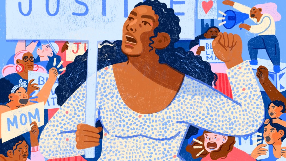 Illustration of diverse women, both young and old and holding children, in protest with signs and bullhorns.