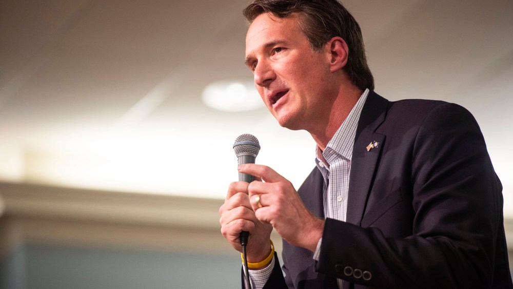 Glenn Youngkin makes his closing remarks during a GOP gubernatorial candidate forum in Lynchburg, Va., on April 19, 2021.