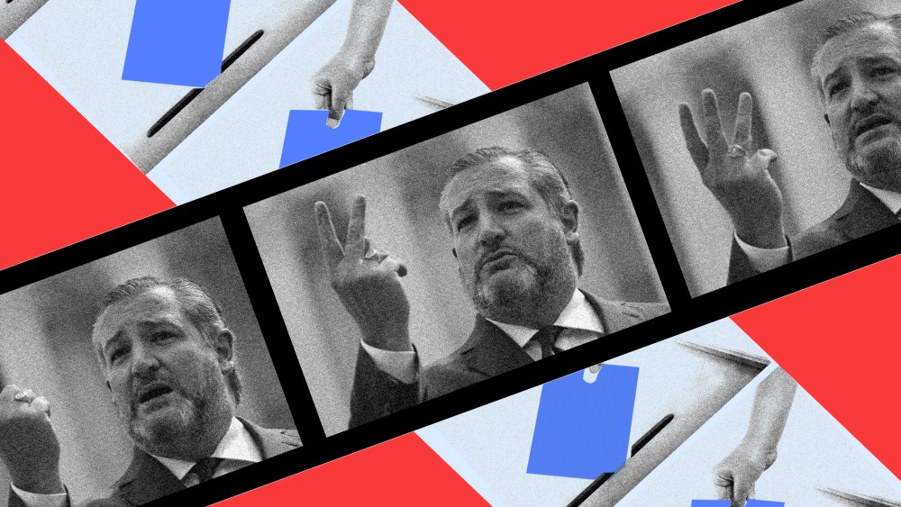 Photo illutration: A photo strip of Ted Cruz counting from 1 to 3 crosses over a photo strip with repeated images of a hand dropping a vote into a ballot box.