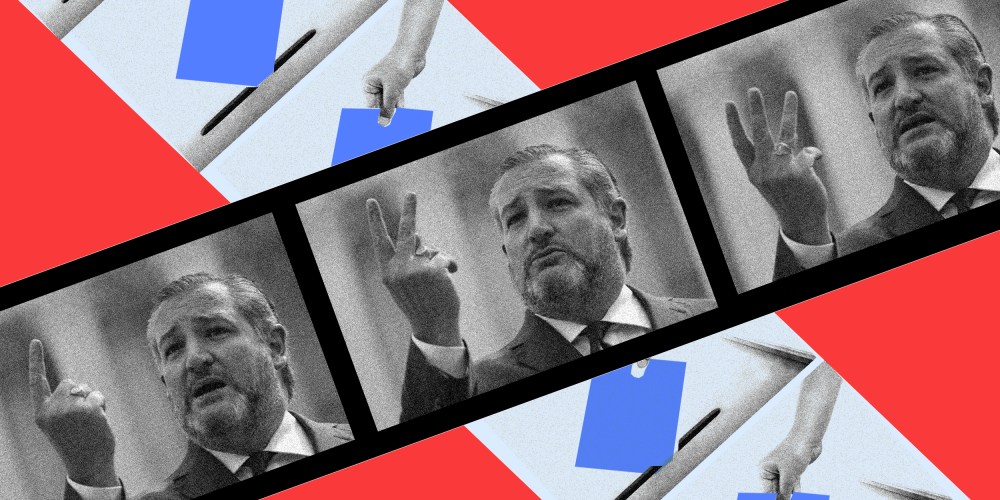 Photo illutration: A photo strip of Ted Cruz counting from 1 to 3 crosses over a photo strip with repeated images of a hand dropping a vote into a ballot box.