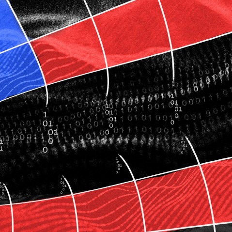 Photo illustration: A grid with blue and red overlay breaks into binary code into a black background.