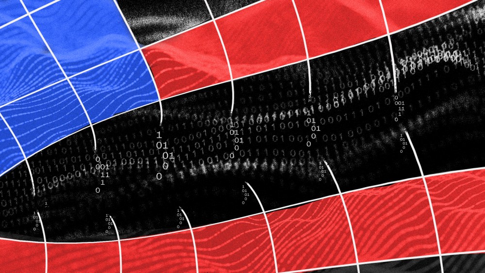 Photo illustration: A grid with blue and red overlay breaks into binary code into a black background.