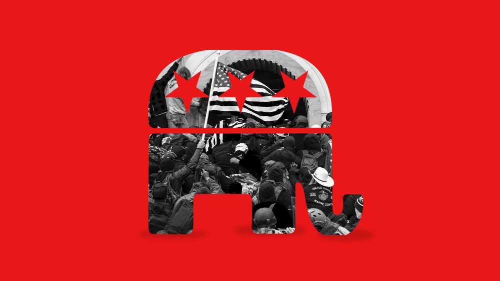 Photo illustration: Image of rioters clashing with police trying to enter Capitol building within the silhouette of the Republican party symbol.