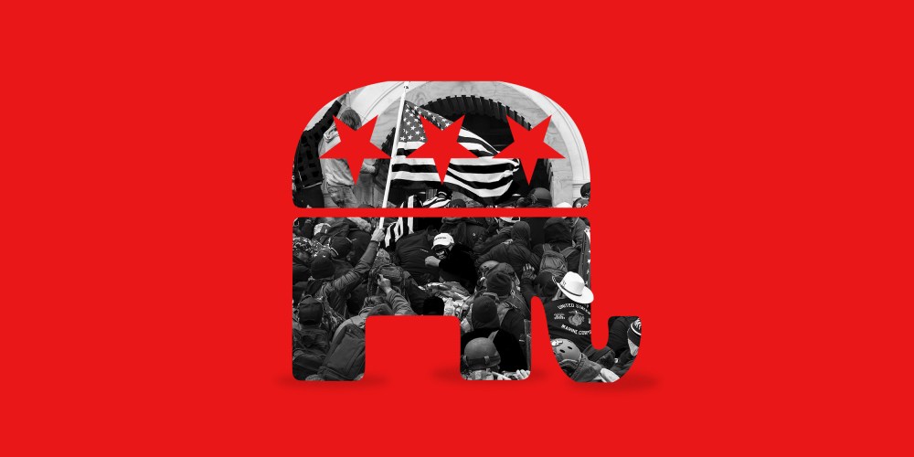 Photo illustration: Image of rioters clashing with police trying to enter Capitol building within the silhouette of the Republican party symbol.