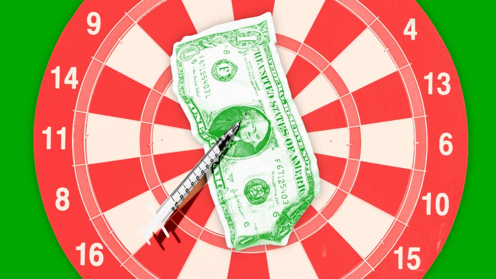 Illustration of a dollar bill being pinned to a darts board by a vaccination syringe.