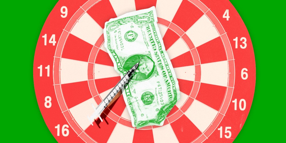 Illustration of a dollar bill being pinned to a darts board by a vaccination syringe.