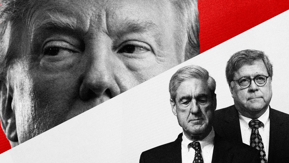 Illustration of former President Donald Trump, Robert Mueller, and former AG William Barr.