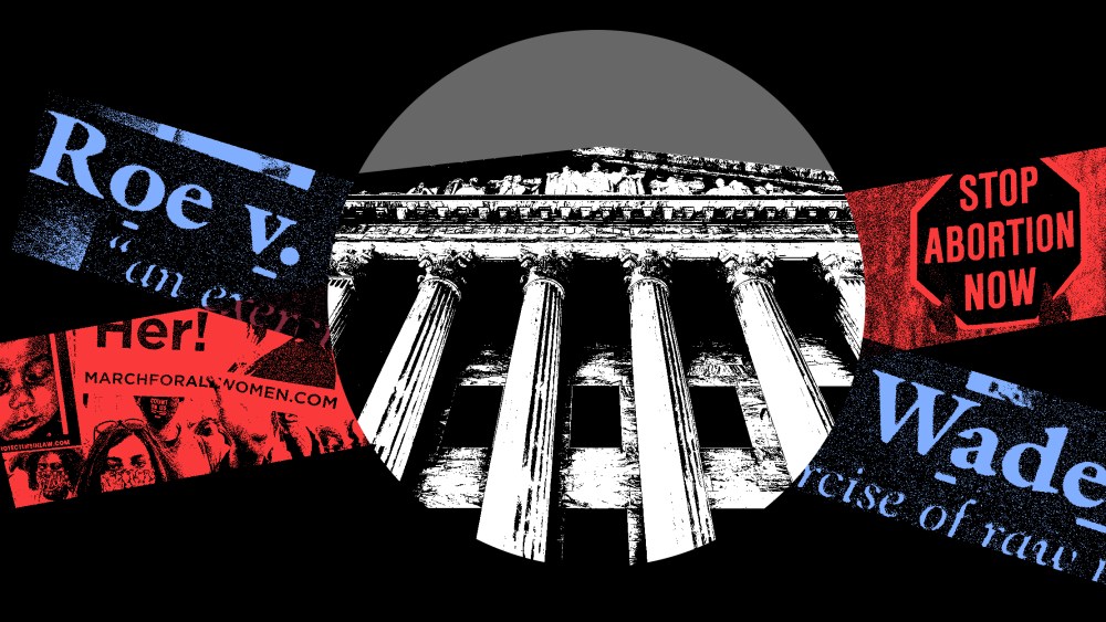 Photo illustration: Supreme Court in the centre, two lines crossing at the back, one reads,"Roe v Wade" and the other has a sign that reads,"Stop Abortion now".