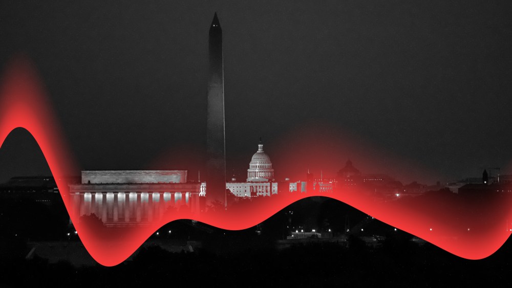 Photo illustration: A red wave passes over the aerial view of Washington D.C.