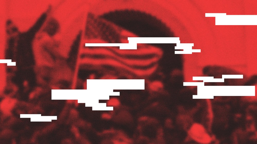Photo illustration: A blurry image of the Capitol riot with parts erased off.