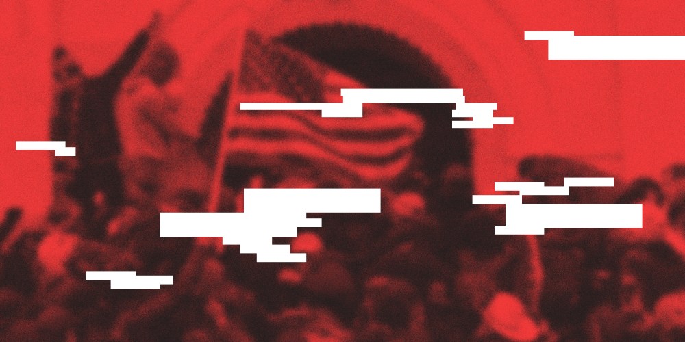 Photo illustration: A blurry image of the Capitol riot with parts erased off.