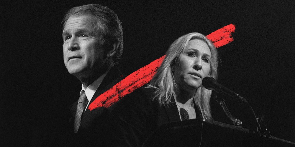 Photo illustration: Former President George W. Bush and U.S. Rep. Marjorie Taylor Greene.