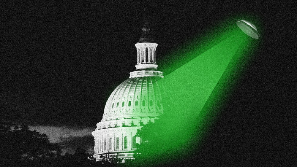 Photo illustration: An unidentified flying object throws green colored spotlight over the U.S. Capitol dome.