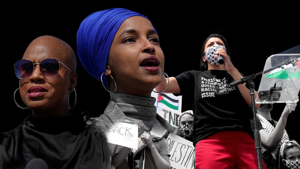 Photo collage: Rep. Ayanna Pressley; Rep. Ilhan Omar; Rep. Rashida Tlaib at a pro-Palestinian protest.