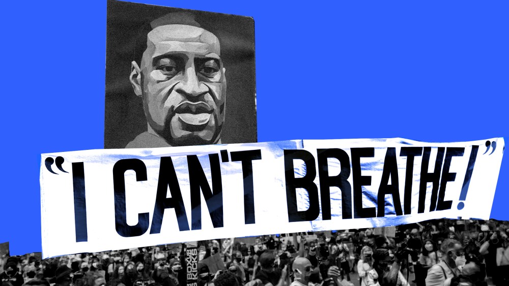 Photo collage: A placard with George Floyd's portrait above a crowd and a sign that reads,"I can't breathe".