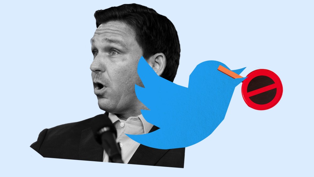 Photo illustration: Florida Governor, Ron DeSantis and the Twitter logo holding a stop sign.