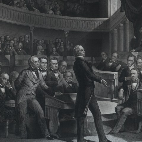 Photo illustration: Red highlight over John C. Calhoun in an engraving of the United States Senate.