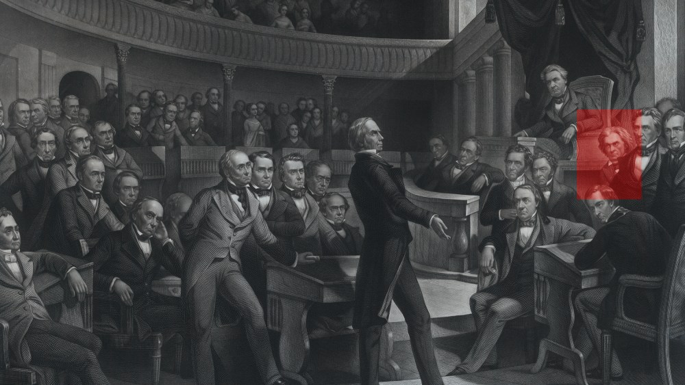 Photo illustration: Red highlight over John C. Calhoun in an engraving of the United States Senate.
