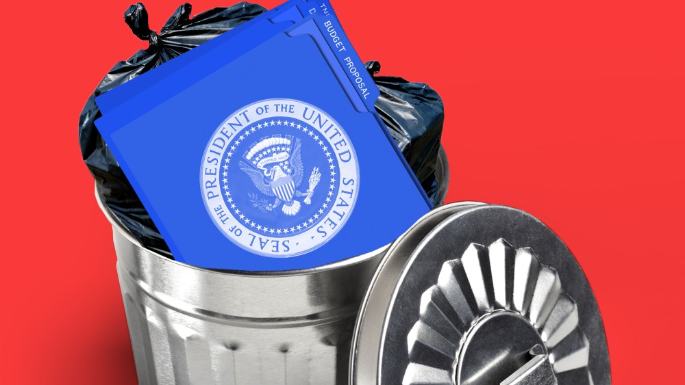 Photo illustration: Blue folders with the U.S. presidential seal on them lying in a trash can.