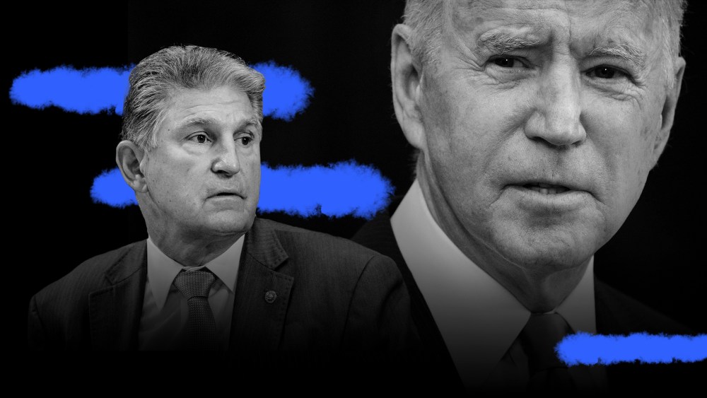 Photo illustration: Sen. Joe Manchin and President Joe Biden.